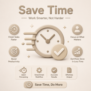 Beige 3D illustration showing time-saving PDF tools with a clock, productivity icons, workflow optimization, and fast document processing features.
