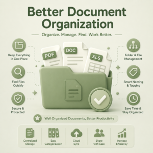 Green 3D illustration showing better document organization with folders, PDF files, file management icons, and productivity-focused document storage system.