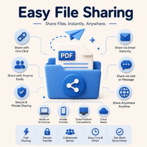 blue white 3D illustration showing easy file sharing with PDF documents, sharing icons, cloud connectivity, secure transfer, and cross-device compatibility.