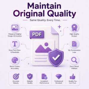 Purple 3D illustration showing maintain original quality in PDF processing with preserved images, clear text, no compression loss, and high-quality PDF output.