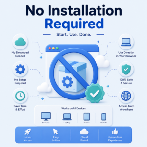 Blue and teal 3D illustration showing no installation required PDF tool with browser-based access, cloud technology, and cross-device compatibility.