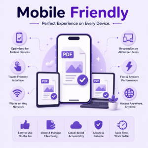 Modern mobile-friendly PDF tool illustration showing smartphone, tablet, and desktop compatibility with responsive PDF processing features.