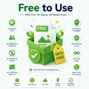 Green 3D illustration showing a free-to-use PDF merger tool with 100% free access, no registration required, unlimited usage, and secure PDF processing.